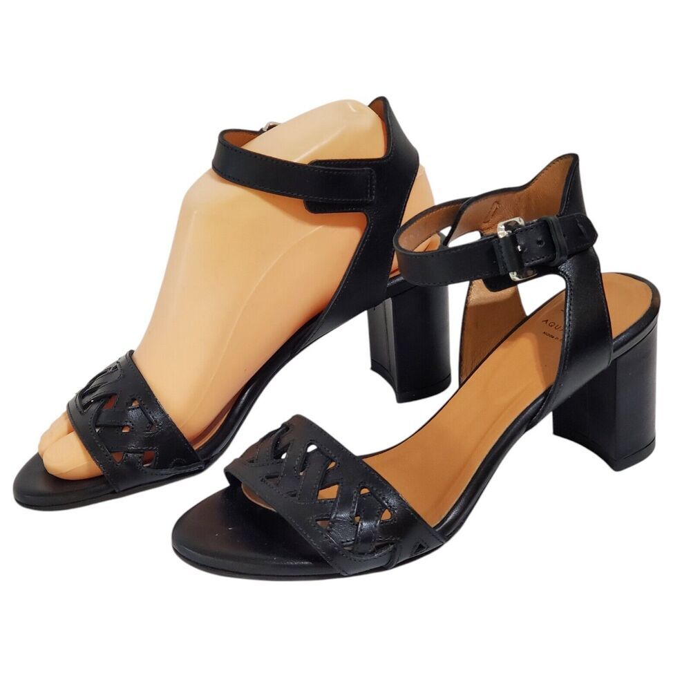 Aquatalia Womens Leather Sandals Sz 6.5M Samara Perforated Block Heel Black - Picture 2 of 8
